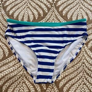 XHILARATION L‎ (10-12) Navy Blue/White Striped Bikini Bottom Aqua Trim UNUSED